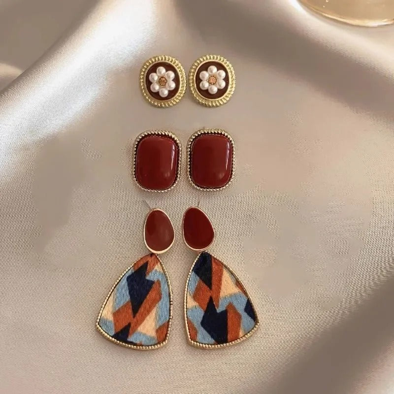 Red Retro Stud Earrings for Women Korean Pearl Flower Heart Shape Geometric Earring High Sense Jewelry