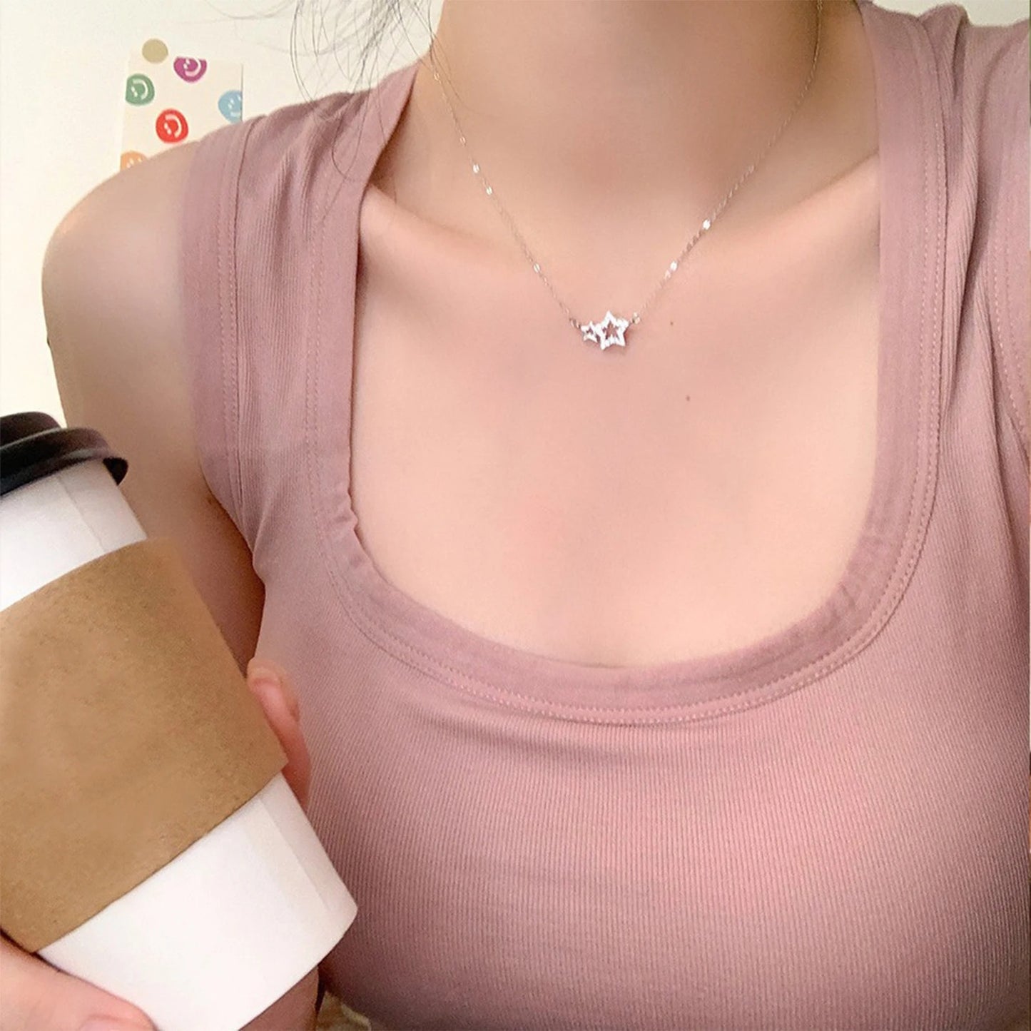 Y2K Girls Charms Necklace Silver Color Alloy Star Designs Clavicle Chain Trendy Minimalist Choker Neck Jewelry for Women