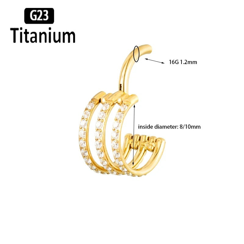 G23 Titanium 3-Row Zircon Hoop Clicker Nose Septum Tragus Helix Cartilage Lip Piercing Jewelry.