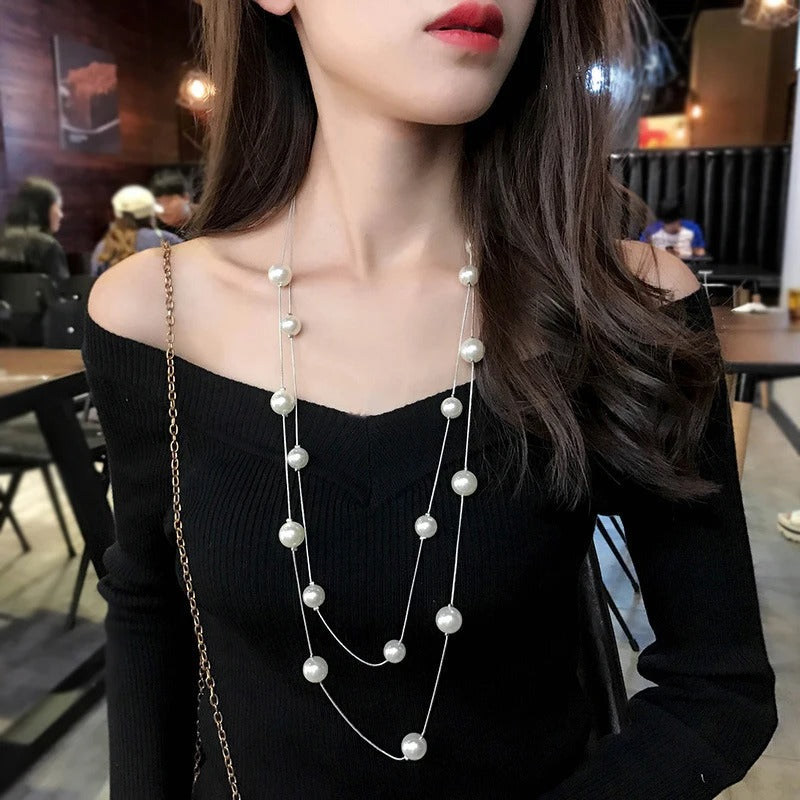 2025 New Long Double Layer Simulated Pearl Necklace Women Sweater Chain Female Collars Statement Jewelry Gifts