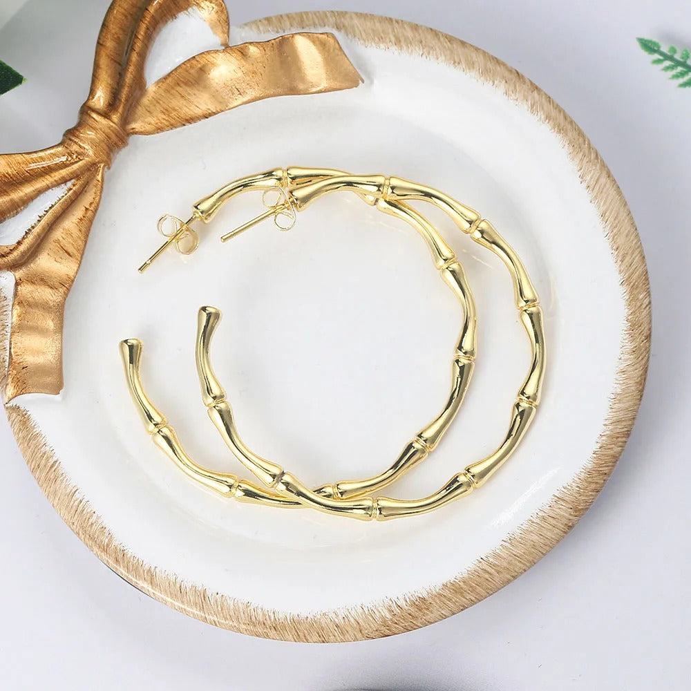 Rose Gold Bamboo Hoop Earrings Simple Aesthetic for Women