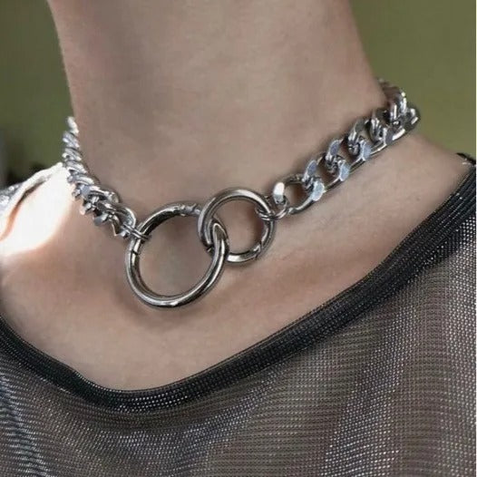 1 Pc Trendy Round Geometric Hollow Punk Personality Silver Color Heavy Chain Necklace Women Men Party Daily Gift Jewelry