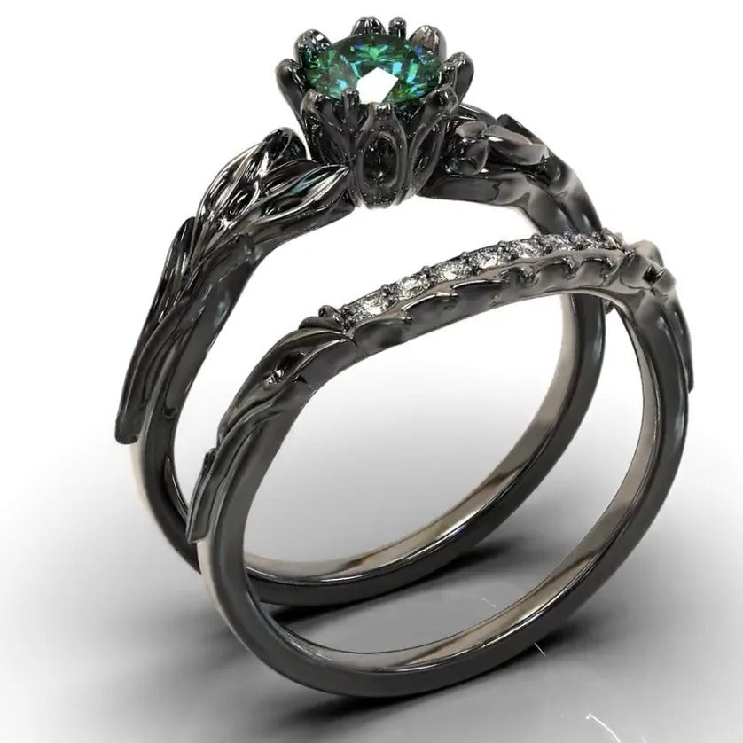 Fashion new women's two-piece ring electroplating gun black inlaid emerald casual commuting jewelry