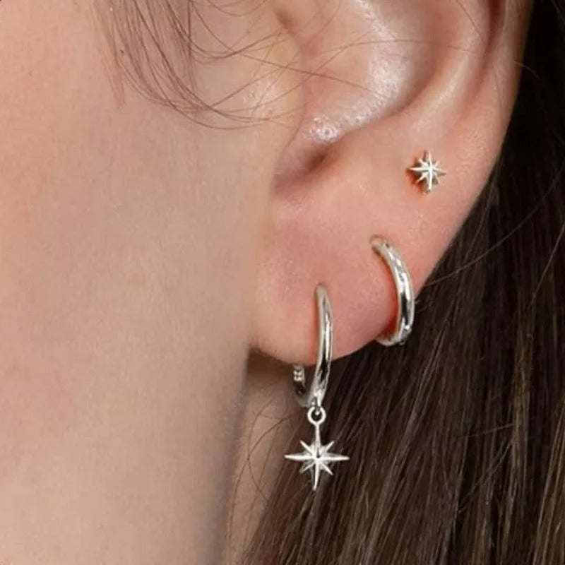 3PC Round Star Drop Earrings Stainless Steel Women’s Dangle Jewelry