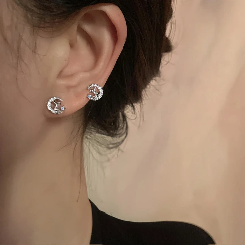Petite Moon Zircon Stud Earrings Silver Color Women Jewelry