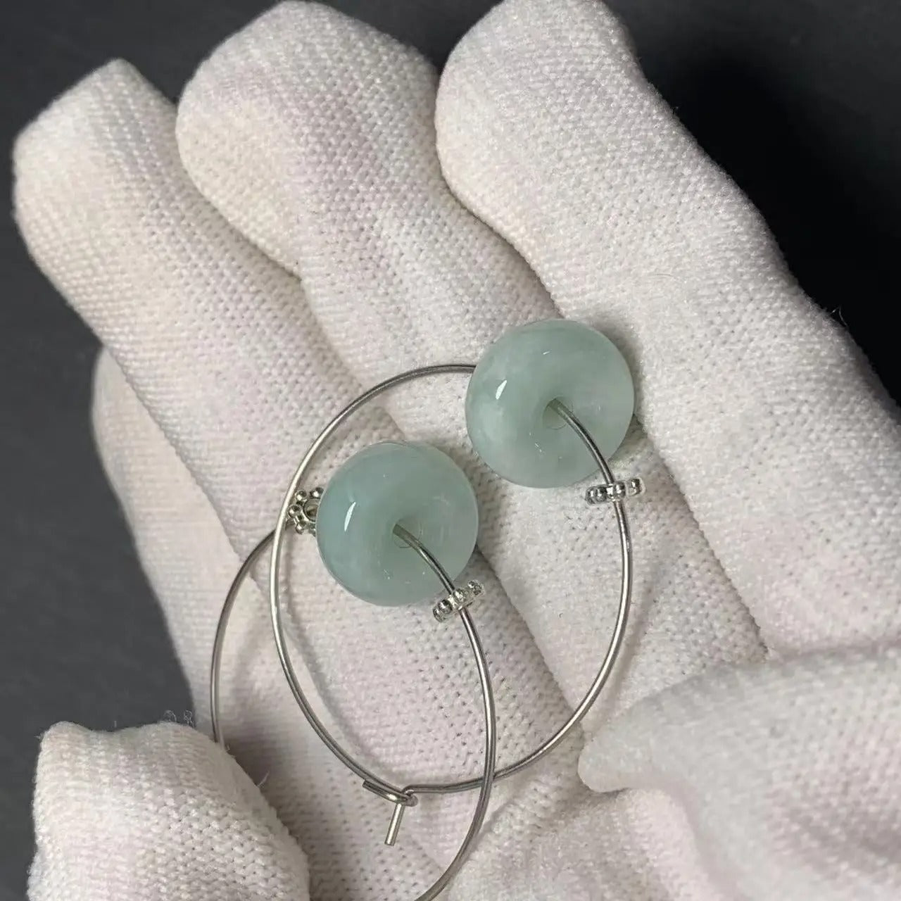 Grade A Natural Burma Blue Jade Hoop Earrings Stainless Steel Jewelry