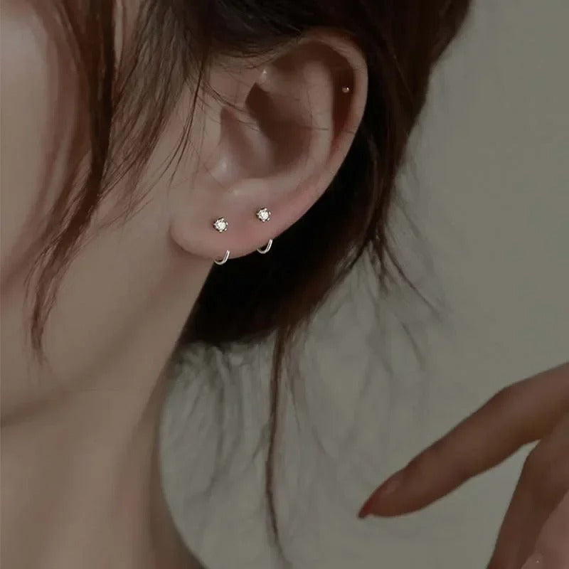 Exquisite Round Zircon Earrings for Women Men, Simple Silver Color Mini Square Heart Ear Bone Piercing Jewelry Gift