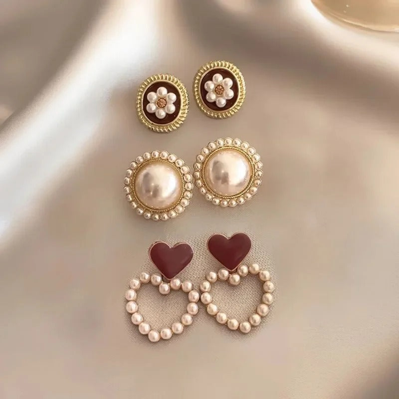 Red Retro Stud Earrings for Women Korean Pearl Flower Heart Shape Geometric Earring High Sense Jewelry