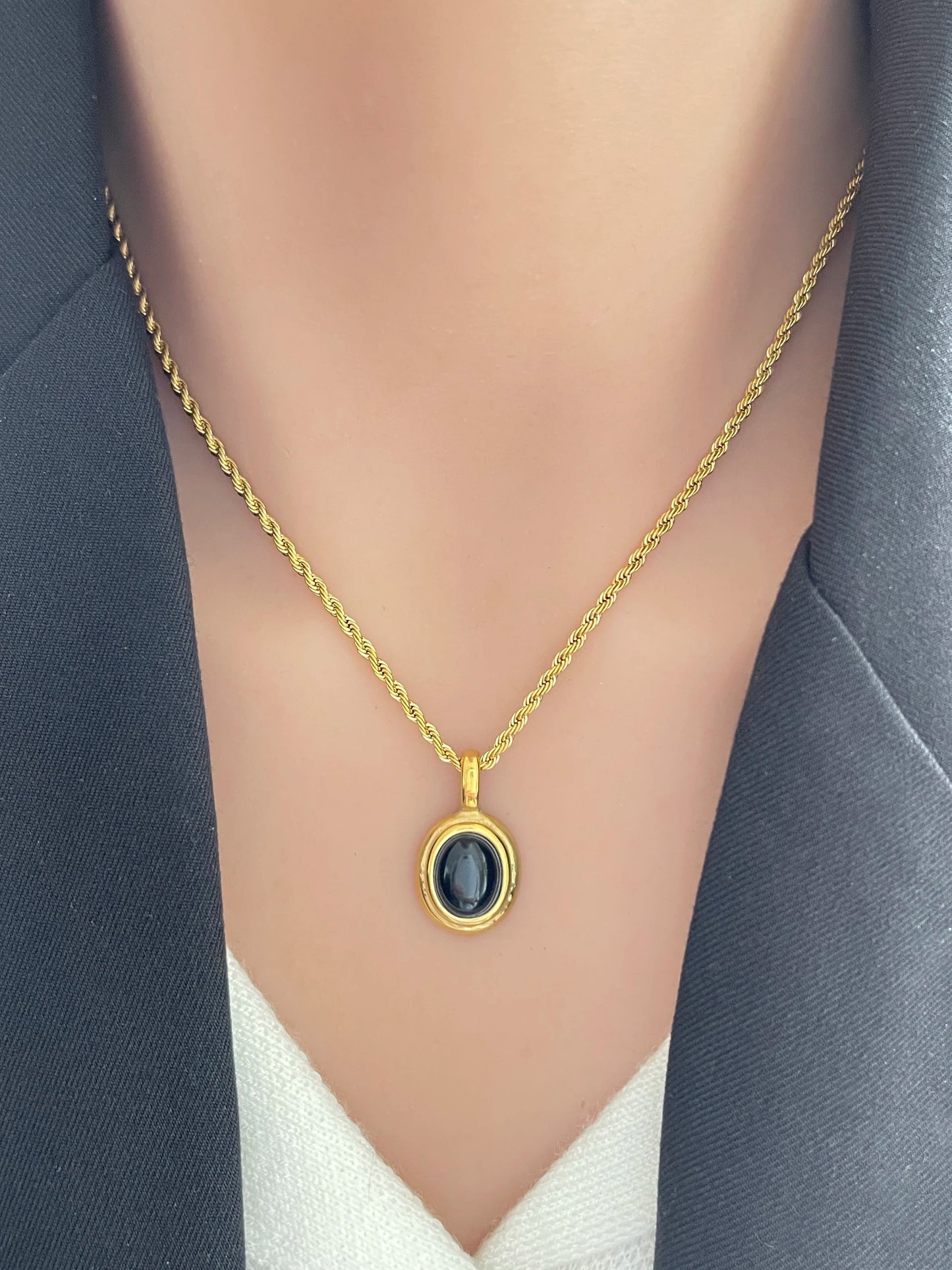 Stainless Steel 18K Gold Plated Black White Gem Stone Oval Pendant on Twist Rope Chain Necklace Stacking Jewelry