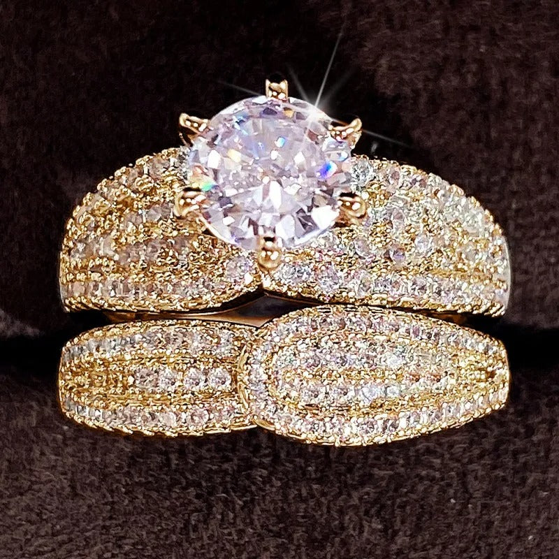 Huitan Bridal Sets Rings with Sparkling Cubic Zircon Luxury Trendy Wedding Engagement 2Pcs Rings for Women Eternity Love Jewelry