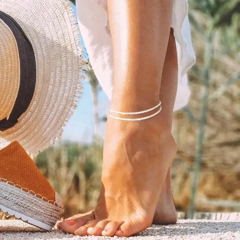 Dainty Layered Anklet for Women Stainless Steel Glitter Waterproof Bracelet, Summer Beach Jewelry Gift