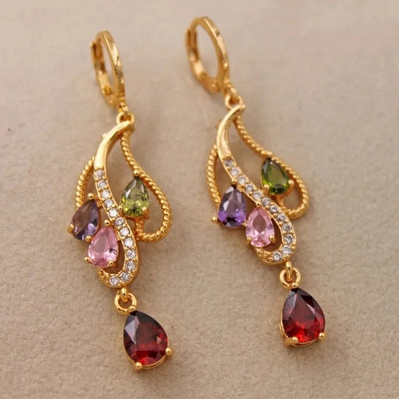 Pink Green Purple Stone Hoop Earrings Women Gold Flower Jewelry