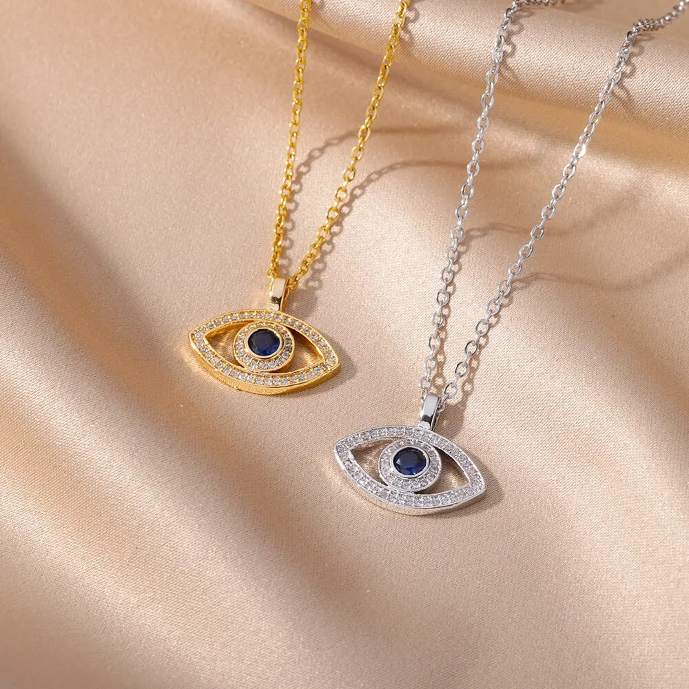 Zircon Evil Eye Pendant Necklace for Women Lucky Turkish Stainless Steel Necklaces 2025 Trend Aesthetic Jewerly