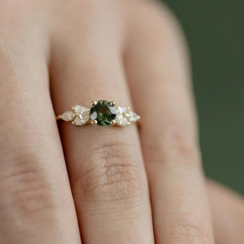 Classic Gold Color Ring for Women Gorgeous Metal Green Inlaid Stones Flower Engagement Wedding Ring Jewelry
