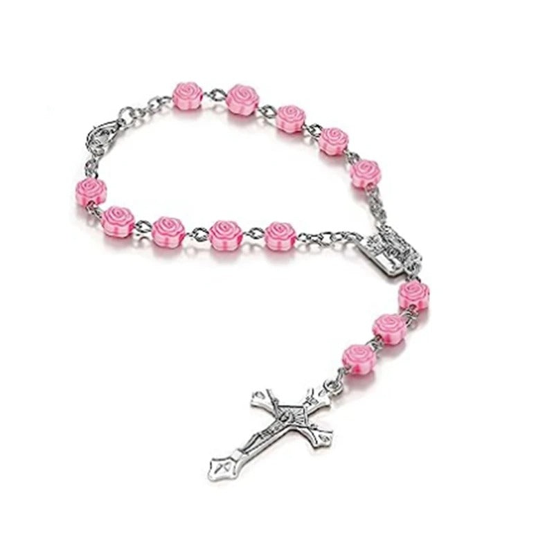 Pink Plastic Rose Flower Cross Rosary Bracelets For Women Car Hanger