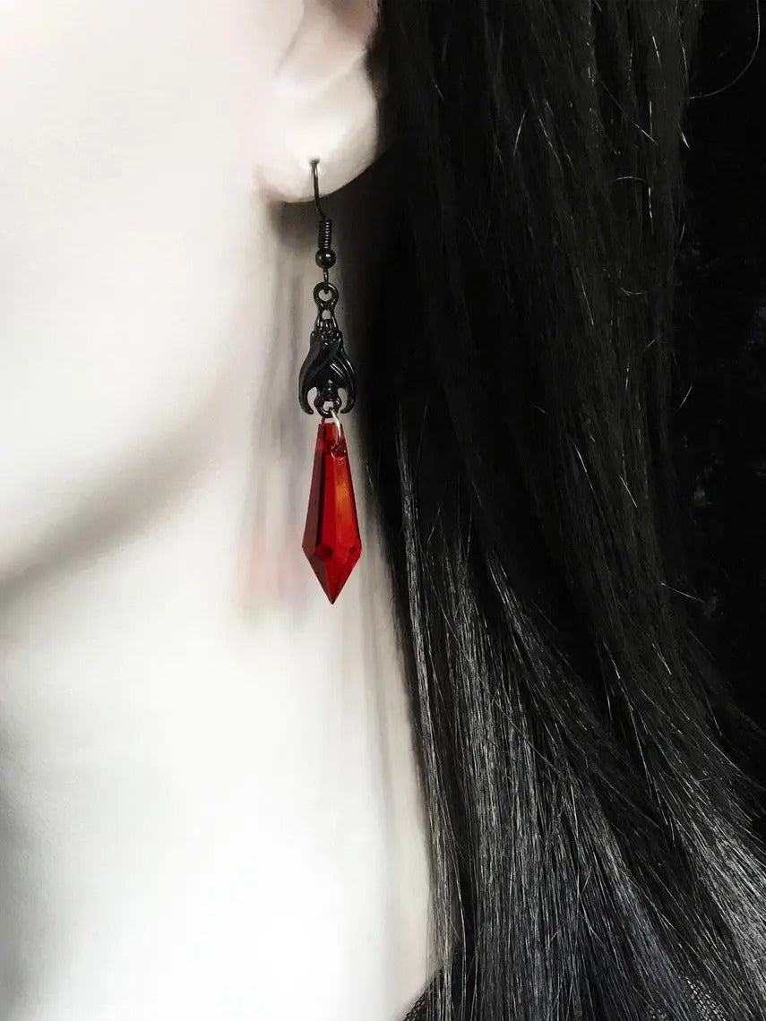 Black Earrings with Red Teardrop Beads, Earrings, Gothic Jewelry,Alternative Jewelry,Gothic Gift for Her,Bat Lover,Halloween