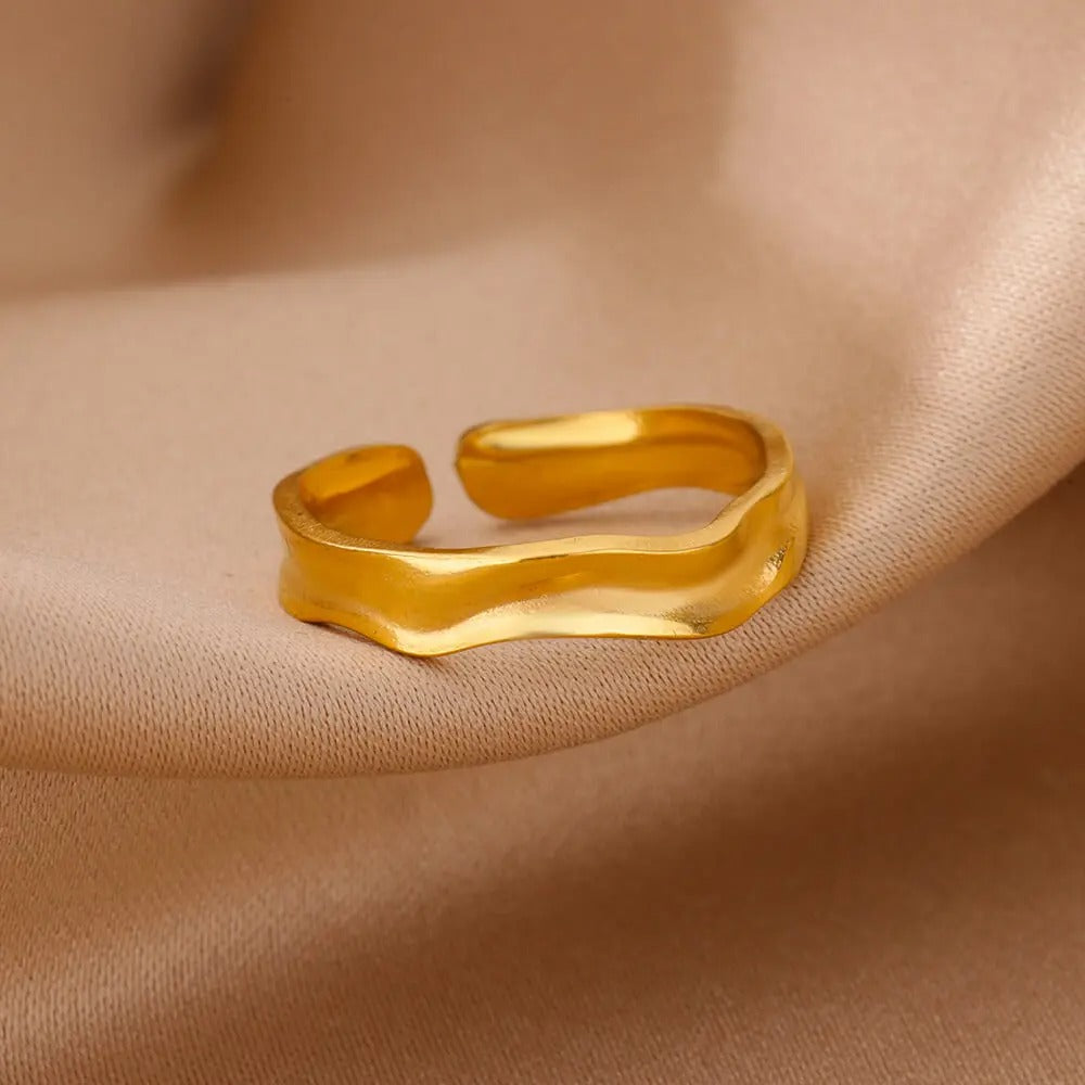 Minimalist Gold Open Ring – Stainless Steel Textured Adjustable Wedding Jewelry for Women.