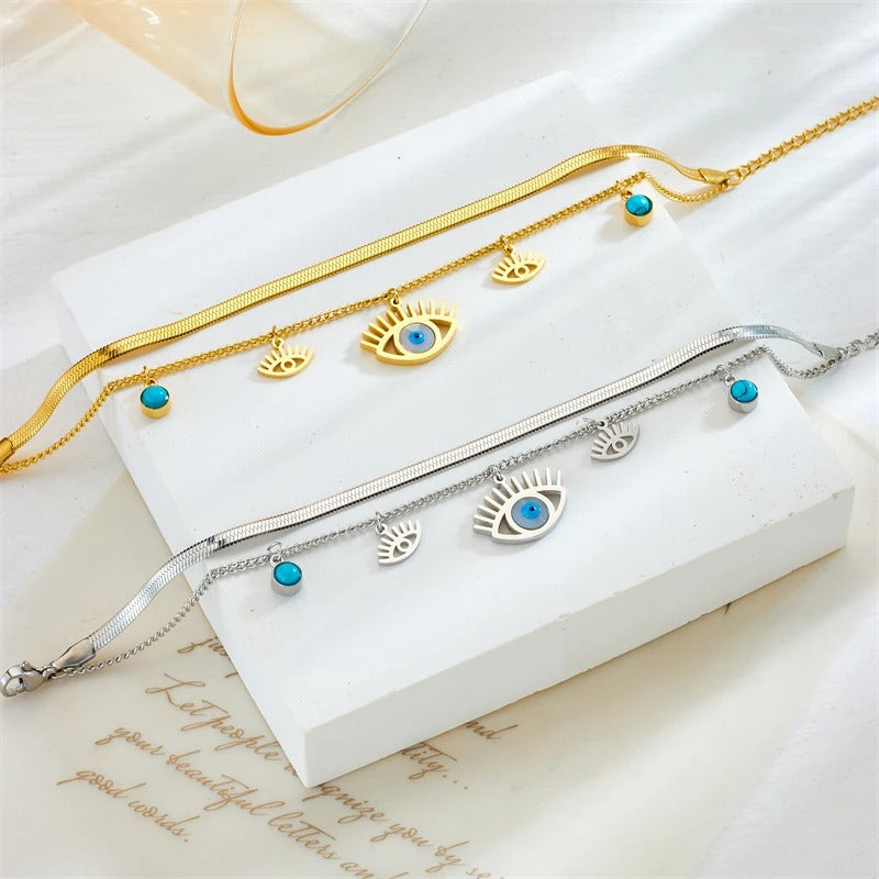 DIEYURO 316L Stainless Steel 2-Color Multilayer Retro Eyes Charm Bracelet For Women Girl New Waterproof Jewelry Gift Party