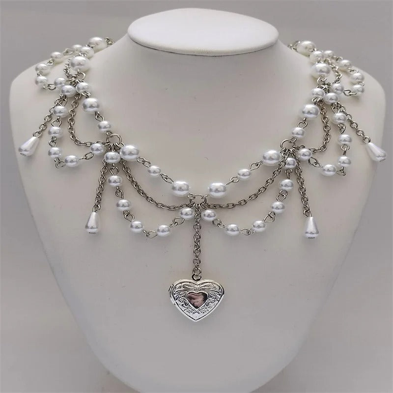 Pearl Heart Locket Style Layered Necklace Handmade Y2K Necklace Perfect For Weddings Prom or Victorian/Regency Cosplay Jewelry