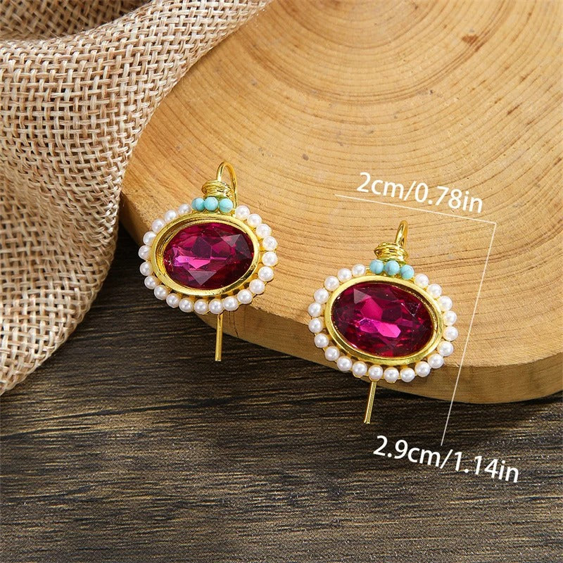 Oval Red Stone Earrings for Women Gold Metal Pearl Dangle Jewelry