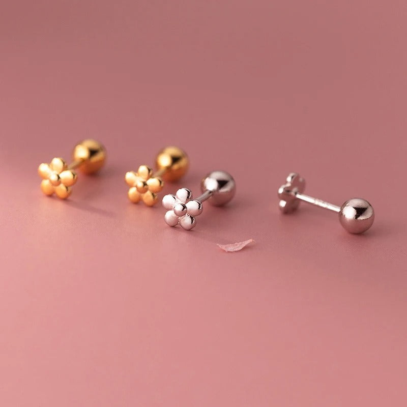 925 Sterling Silver 18K Gold Flower Bead Stud Earrings Women