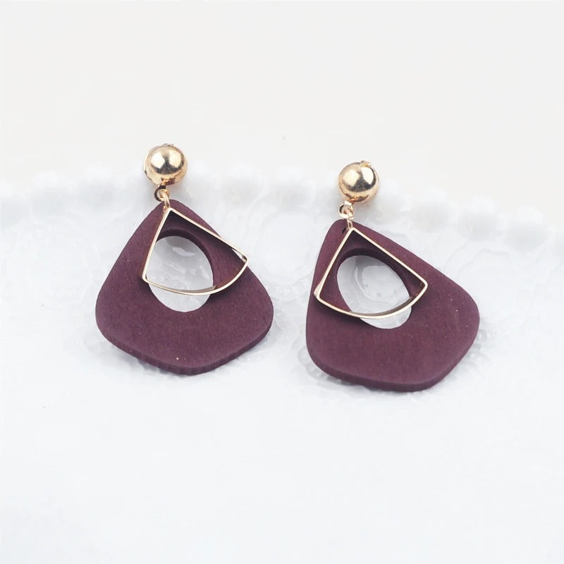 Trendy New Wooden Water Drop Hanging Earrings for Women Gold Color Metal Female Drop Earrings