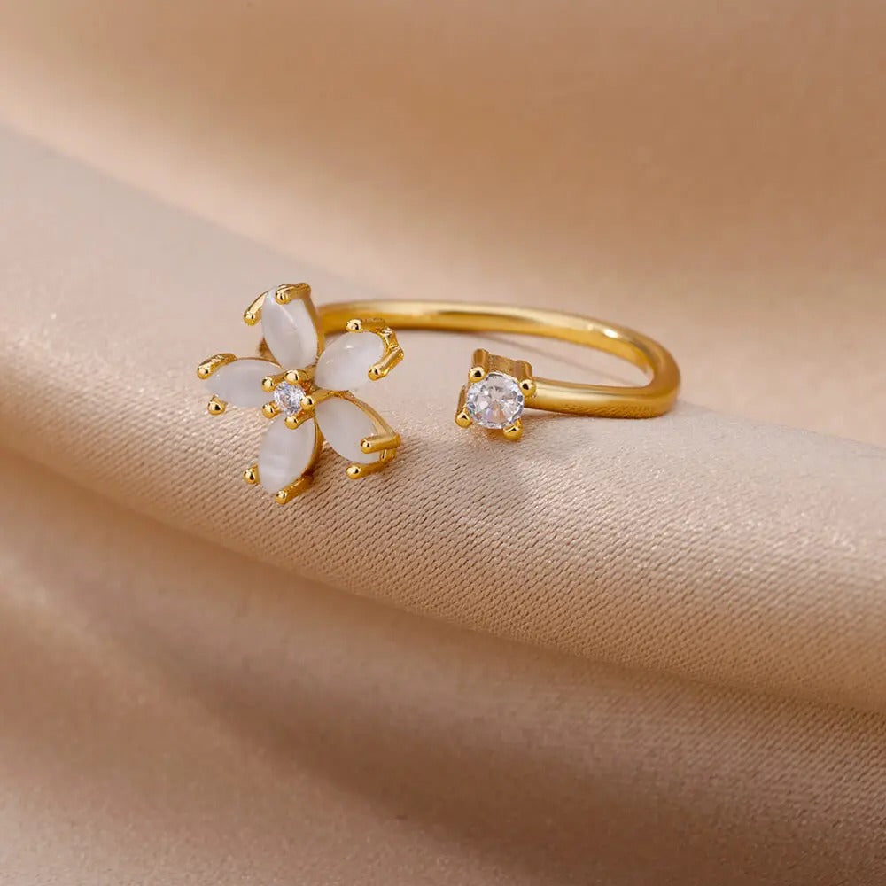 Opal Flower Rings For Women Cubic Zirconia Openning Stainless Steel Flower Ring Wedding Floral Aesthetic Jewelry anillos mujer