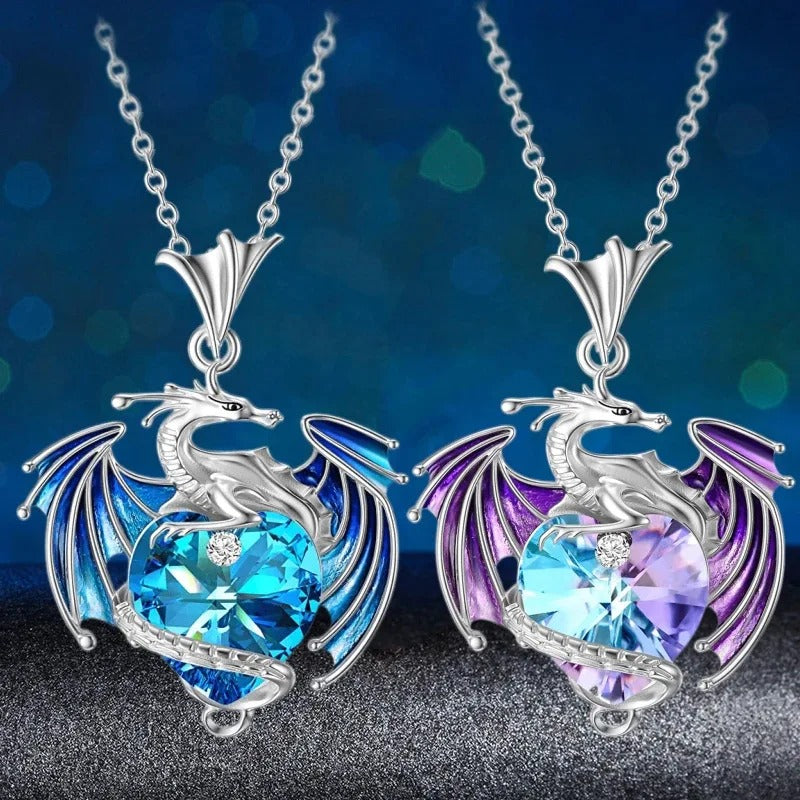 Fantasy Design Colorful Crystal Dragon Pendant Necklace for Women Blue Purple Dragon Necklace Cute Dragon AnimalJewelry Gift