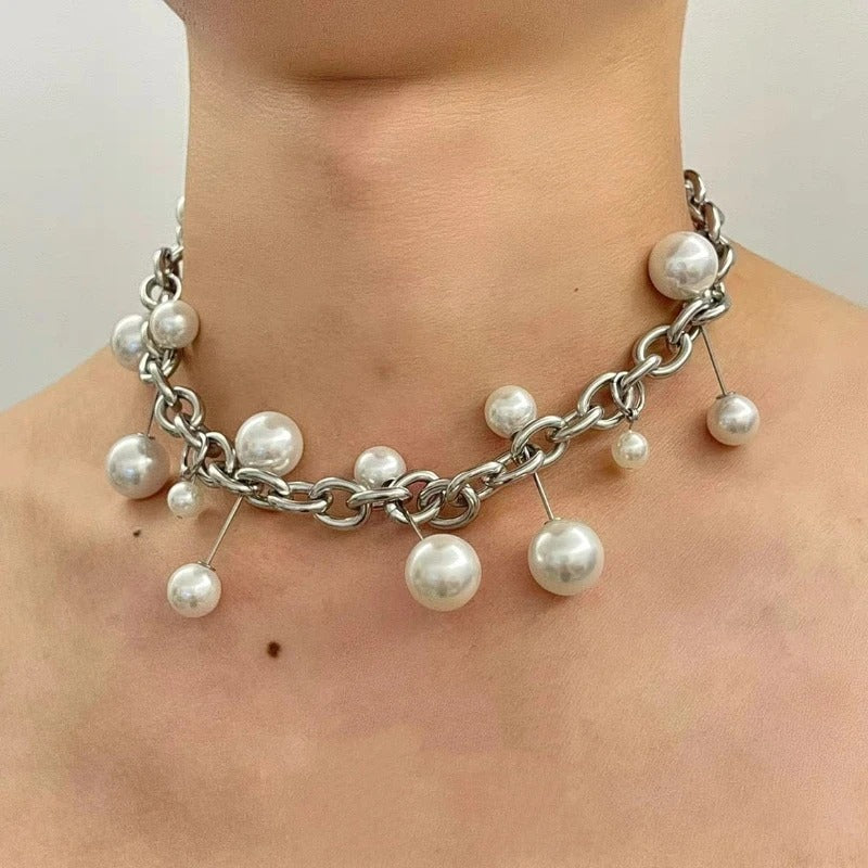 Personalized Punk Style Chain Imitation Pearl Necklace, Women's Fashion Trend Holiday Party Accessories Gift
