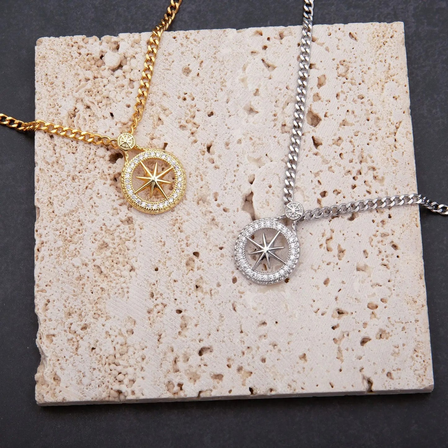 Gold Plated Titanium Steel Chain Compass Necklaces Hiphop Jewelry STAY Pendant Cubic Zirconia Necklace