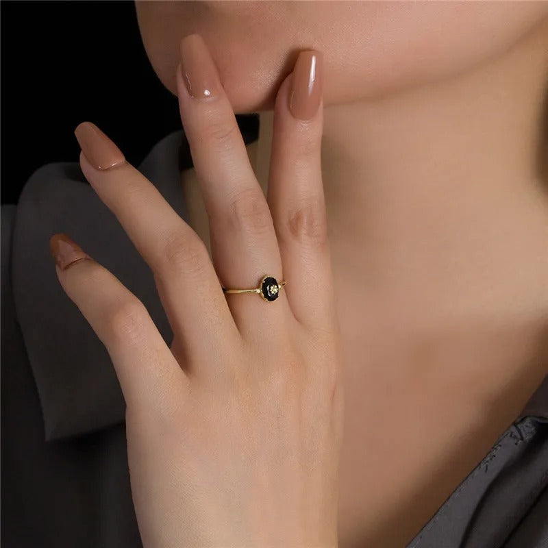 Real 925 Sterling Silver 18k Gold Plating Synthetic black agate Open Ring For Women vintage Light Luxury Fine Jewelry