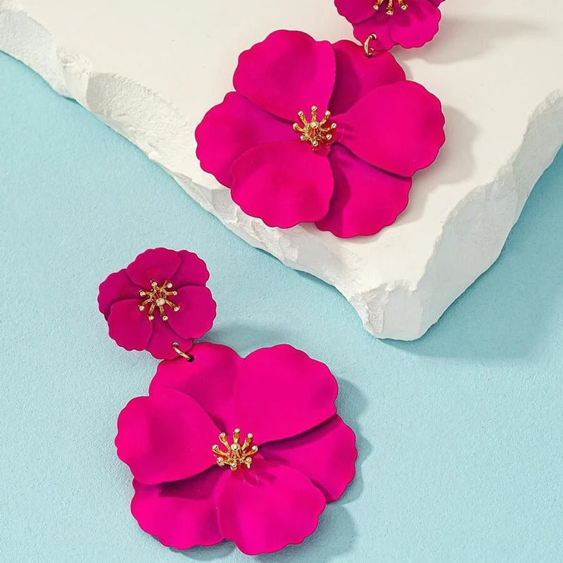 Women Fuchsia Flower Drop Earrings Gold Plating White Fuchsia Spray Big Flower Dangle Earrings Holiday Bridal Earrings