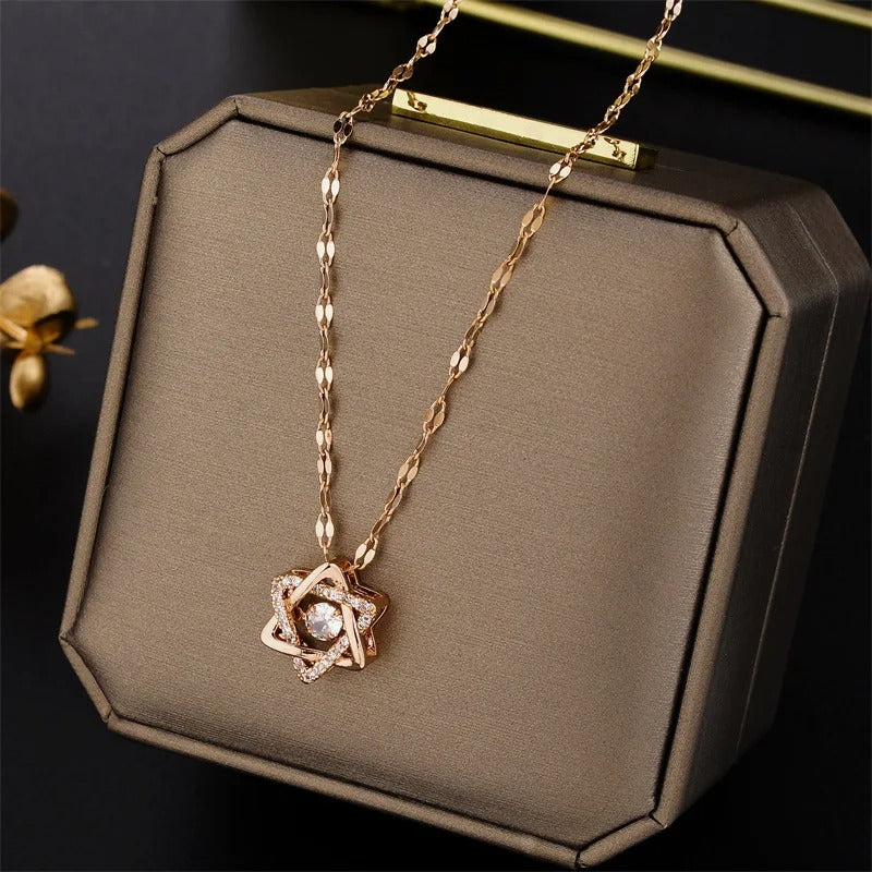 Star Stainless Steel Chain Necklace Transparent Rotate Zircon Pendant Necklace Couple Jewelry Christmas Gift