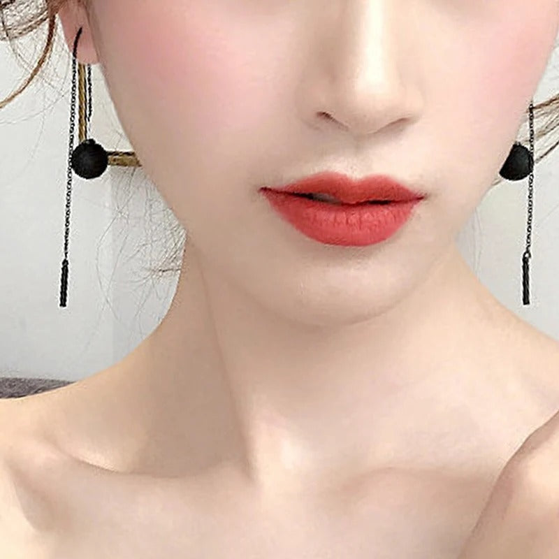 New Korean Temperament Black Matte Ball Pendant Earrings for Women Long Tassel Ear Line Hanging Earring Girls Party Jewelry Gift