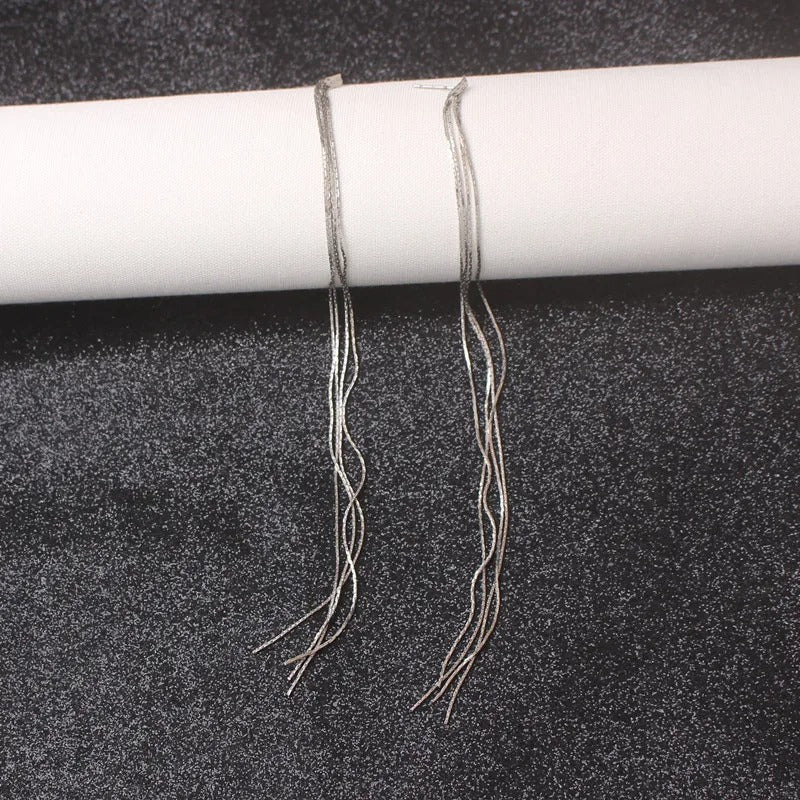 Long Silver Tassel Chain Earrings Exaggerated Dangle Metal Earrings for Women’s Party Fashion