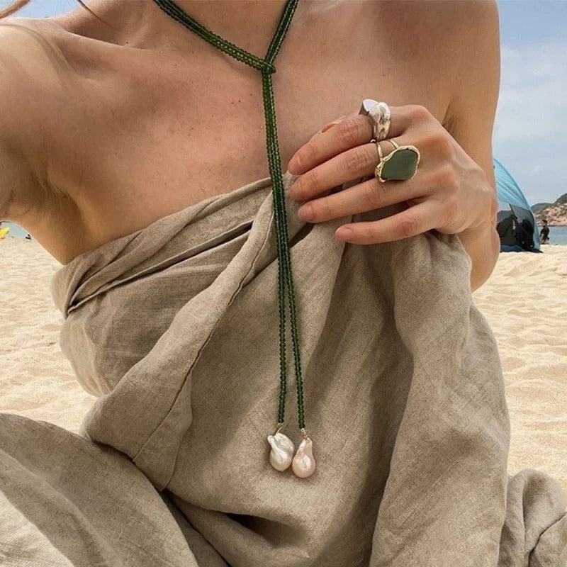 Irregular Baroque Pearl Pendant Necklace for Women Vintage Green Black Crystal Bead Long Necklace Neck Chain Jewelry