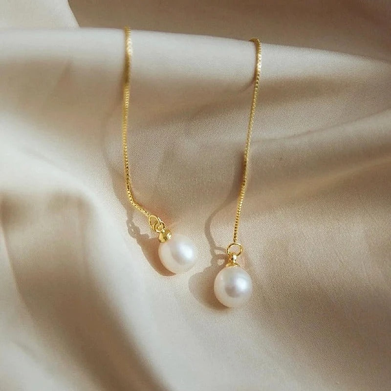 Huitan Dainty Long Hanging Pearl Earrings Elegant Gold Color Engagement Jewelry for Women