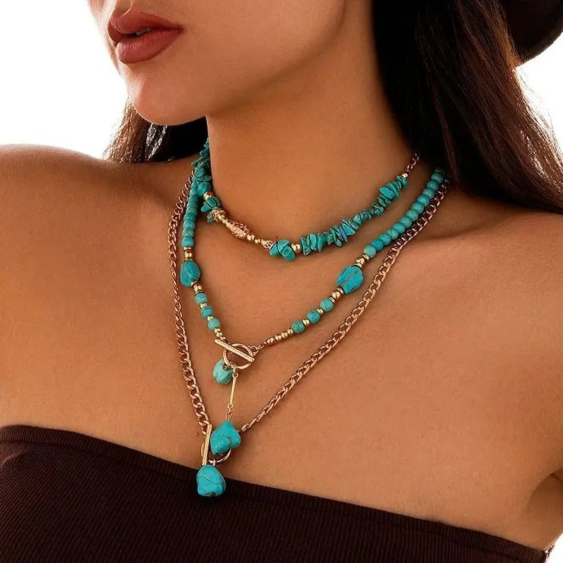 3Pcs Vintage Blue Natural Stone Beads Choker Necklaces for Women Bohemia Geometry Pendant Necklace Trendy Neck Jewelry