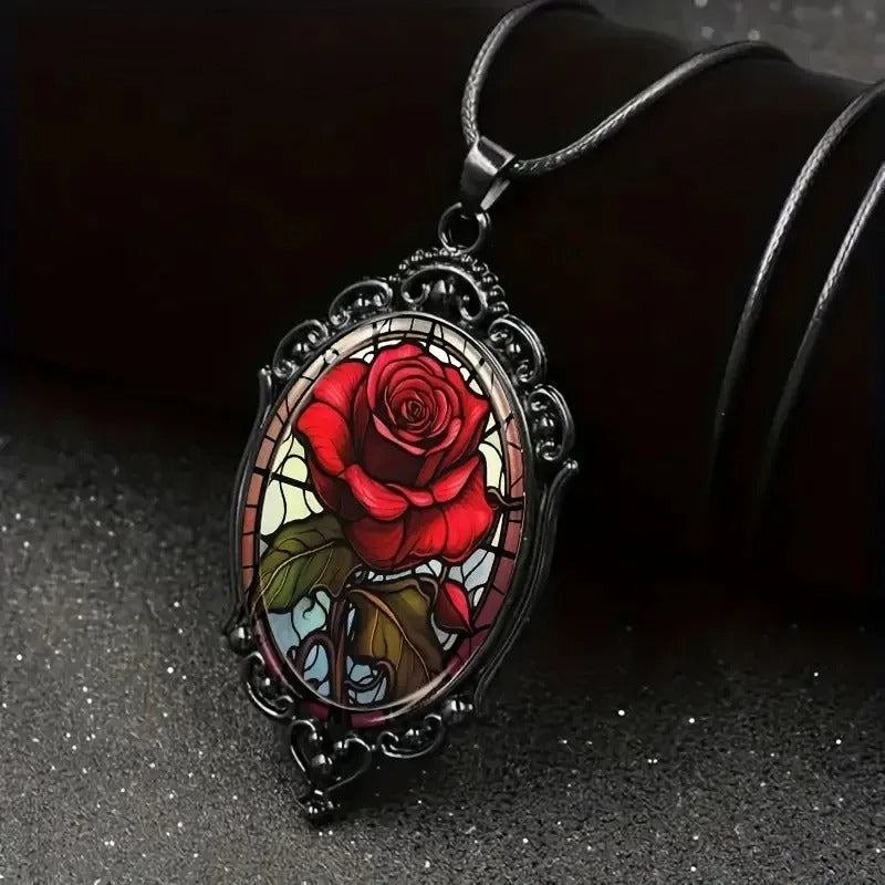 Elegant Black Floral Pendant Necklace Glass Frame Gift for Women
