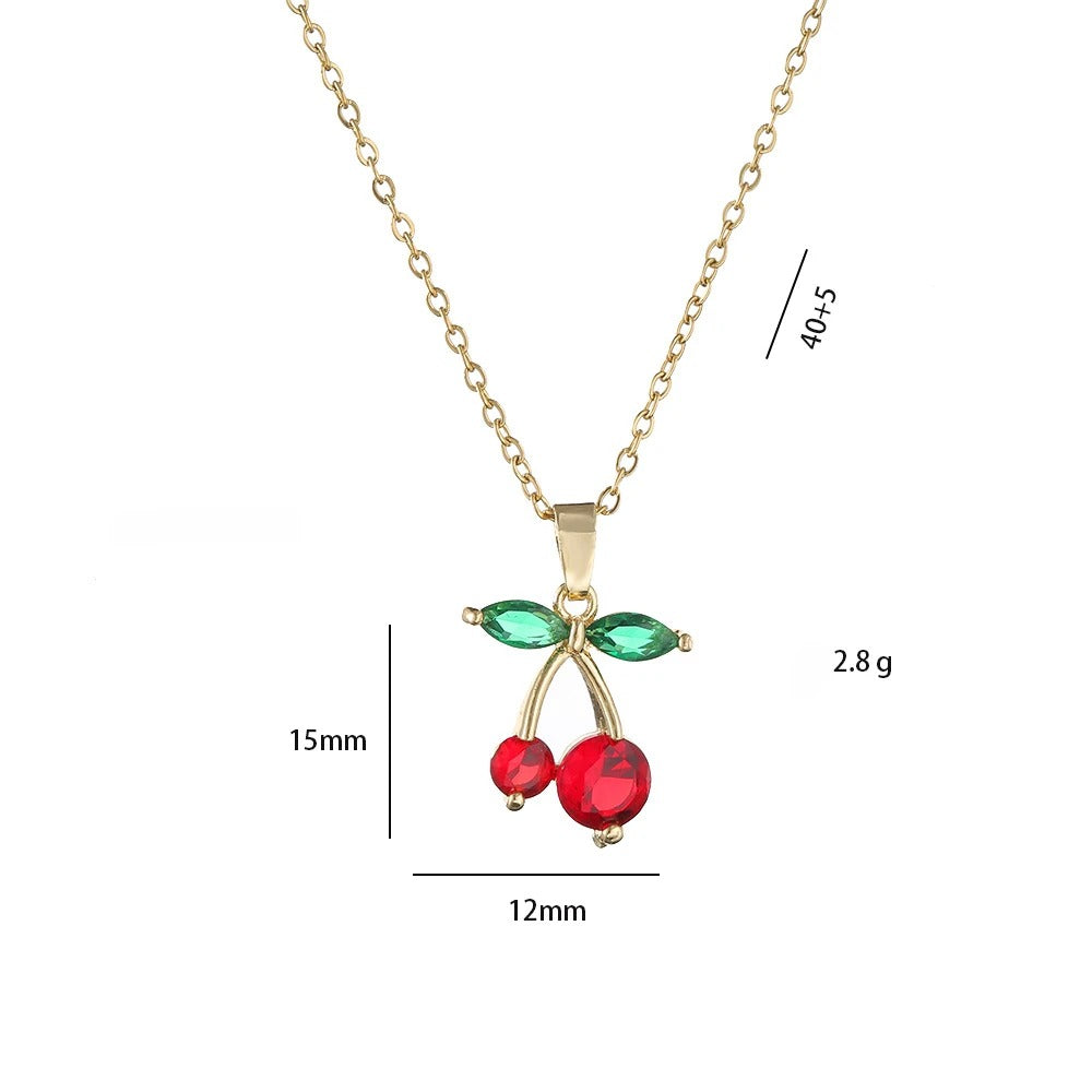 Stainless Steel Chain Classic Shiny Zircon Cherry Pendant Necklace for Women Lady Vintage Jewelry Accessories Gifts