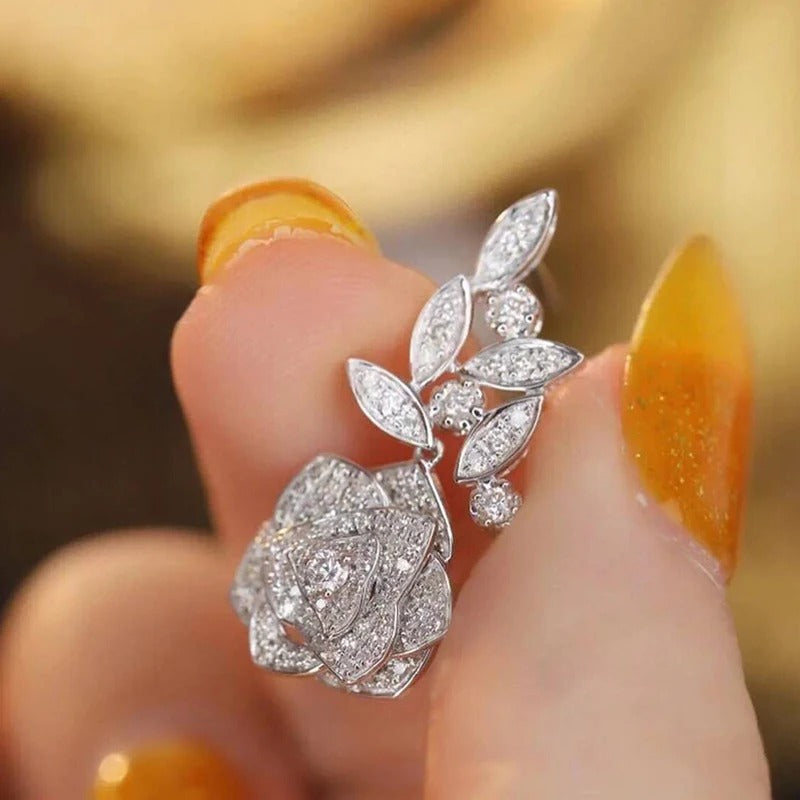 Romantic Flower Dangle Earrings Women Silver Luxury Wedding Jewelry