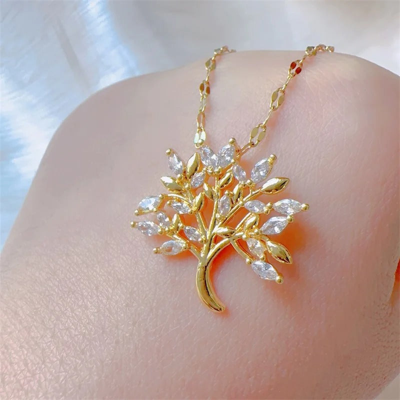 Fashionable and Gorgeous Micro Inlaid Stainless Steel Life Tree Necklace, Classic and Personalized Girl Party Lucky Gift