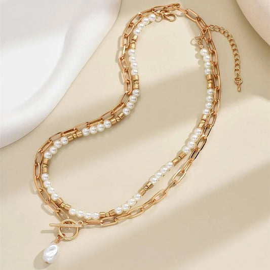 New Vintage Punk Metal Bead Chain Artificial Pearl Pendant Necklace For Women Boho Fashion Multilevel Jewelry Gift