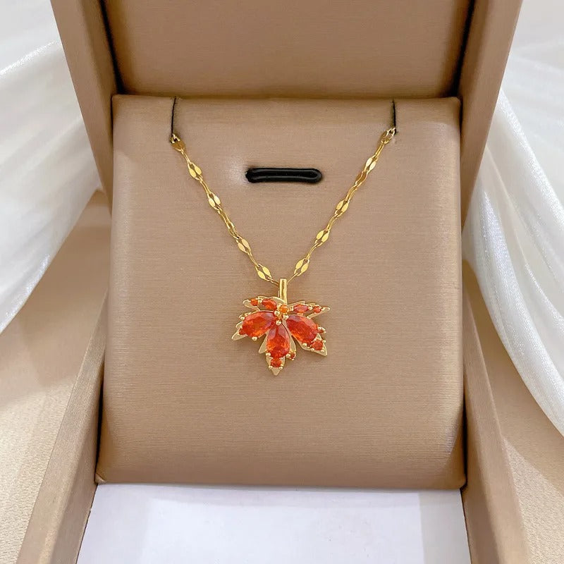 316L Stainless Steel Red Maple Leaf Crystal Pendant Necklace For Women Girl New Trend Clavicle Chain Jewelry Gift Party