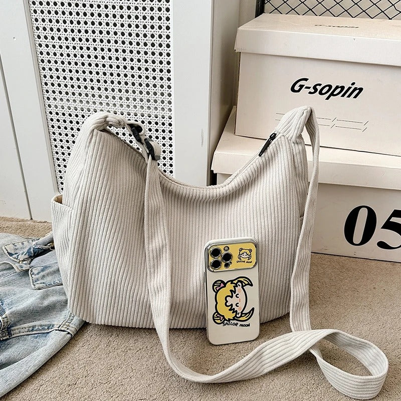 Trendy Corduroy Shoulder Bag for Women Large Capacity