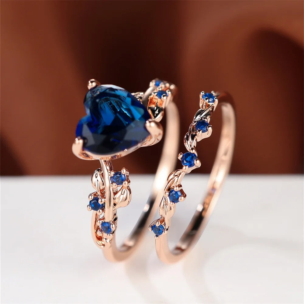 Royal Blue Green Black Red Stone Heart Ring Sets For Women Rose Gold Color White Zircon Bridal Wedding Bands Jewelry