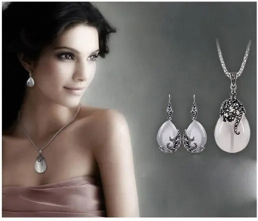 Vintage 925 Sterling Silver Jewelry Sets For Women Fashion Water Drop Shape Cat Eye Stone Pendants Necklace Earring Set