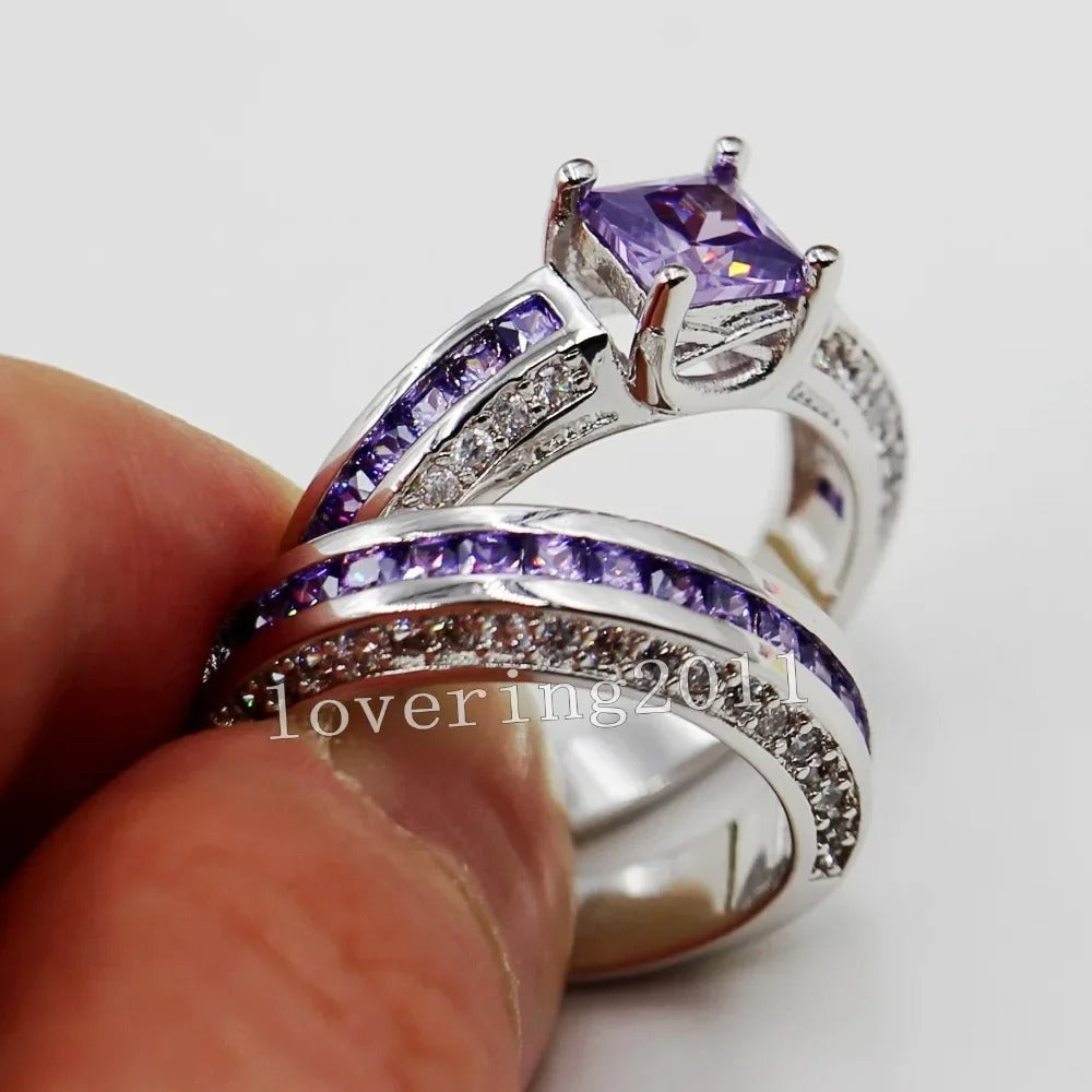 Lovers Lab Amethyst Promise Ring Set 10KT White Gold Wedding Band Rings for Women Men Jewelry Gift