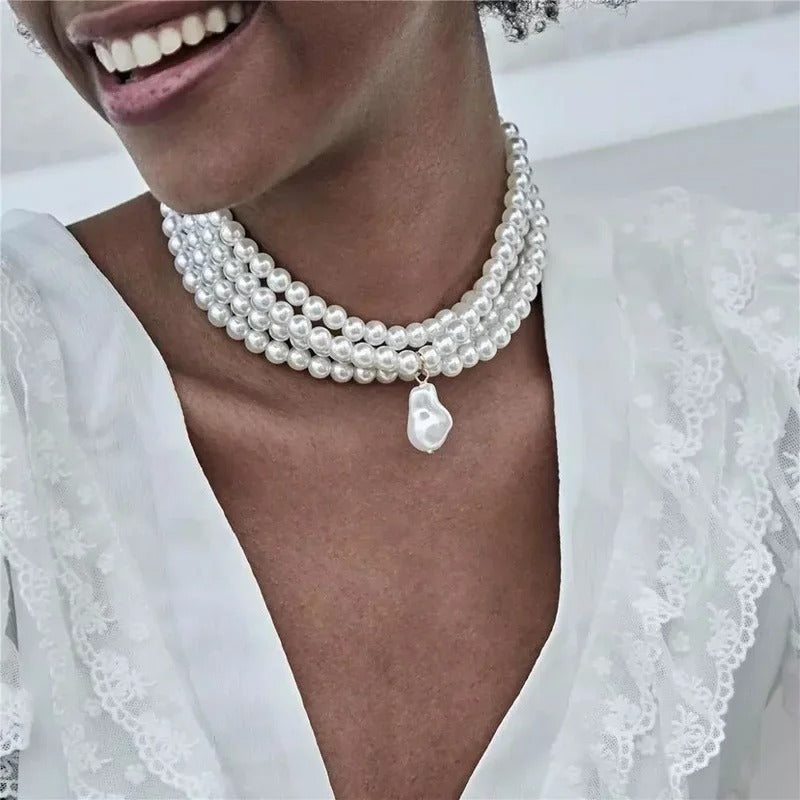 Fashion Elegant Multi-layer Imitation Pearl Necklace Metal Fixed Jewelry Accessories for Women Creative Birthday Gift Decoration