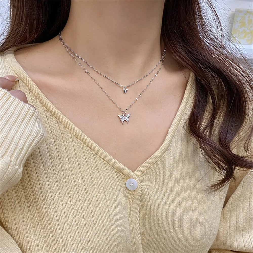New Shiny Butterfly Necklace Ladies Exquisite Double Layer Chain Necklace Jewelry for Ladies Gift